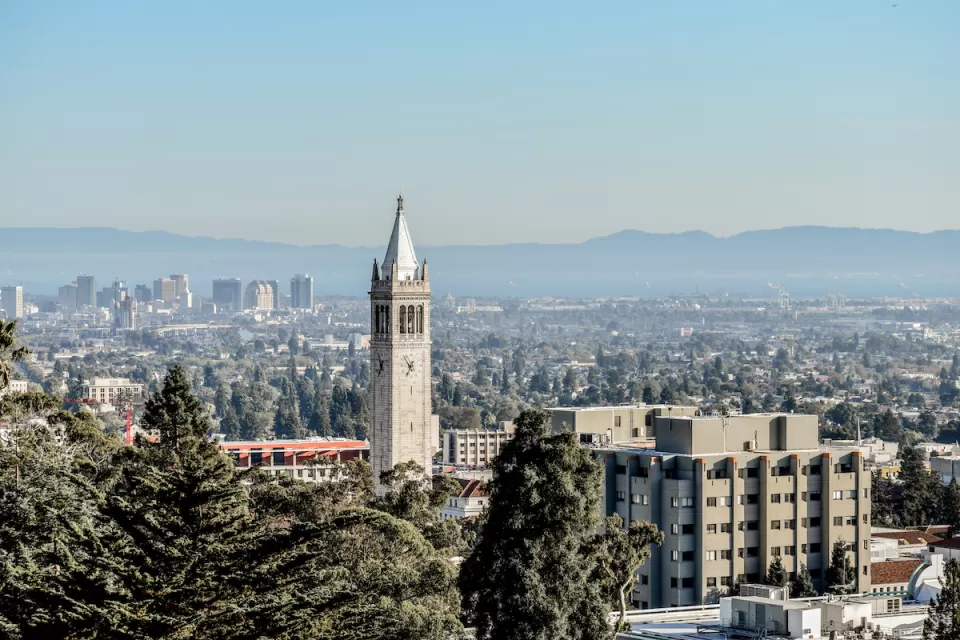 Aerial view of UC Berkeley campus with Campanile tower